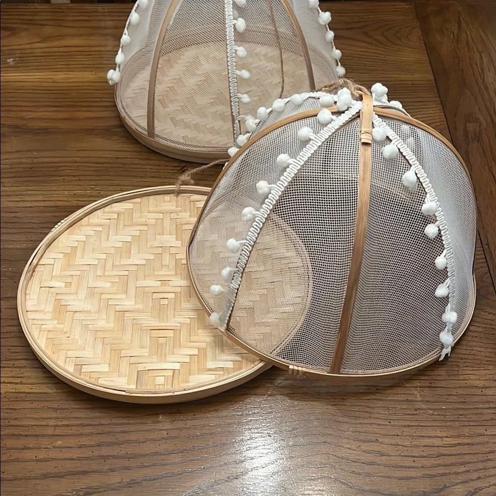 Bamboo‎ Food Covers with White Pom Poms